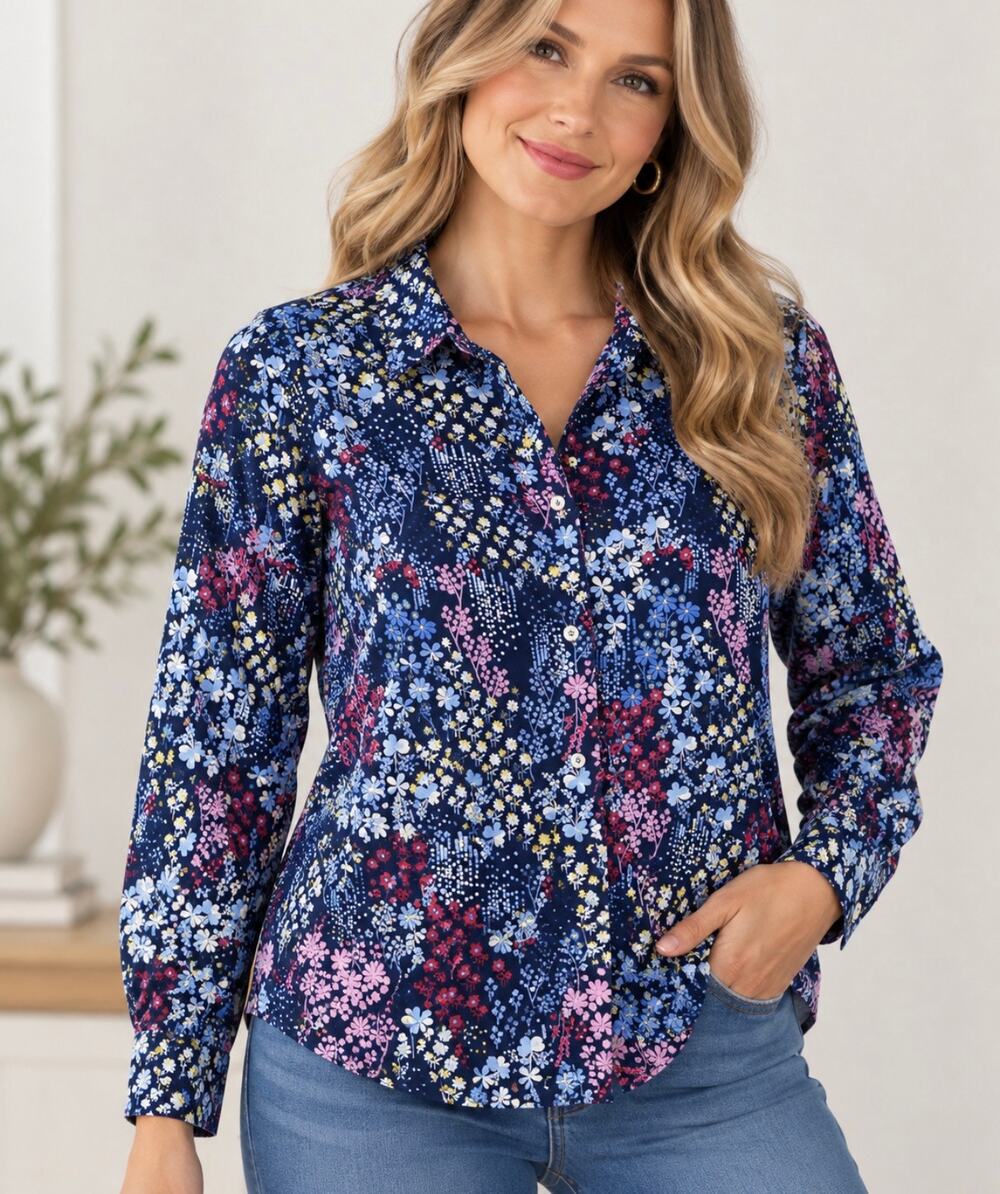 Talbots XL Navy Floral Button Down Shirt Cottagecore 100% Cotton